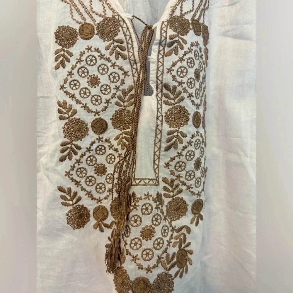 J. Crew Light Weight Gauzy Cotton Light Pink Tank Brown Embroidery Tassles Small